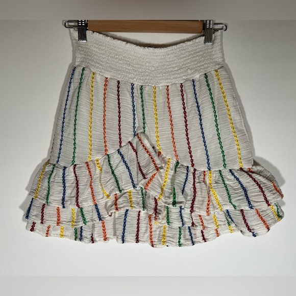 Place Nationale white rainbow striped gauzy festival mini skirt sz M elastic - Picture 1 of 8